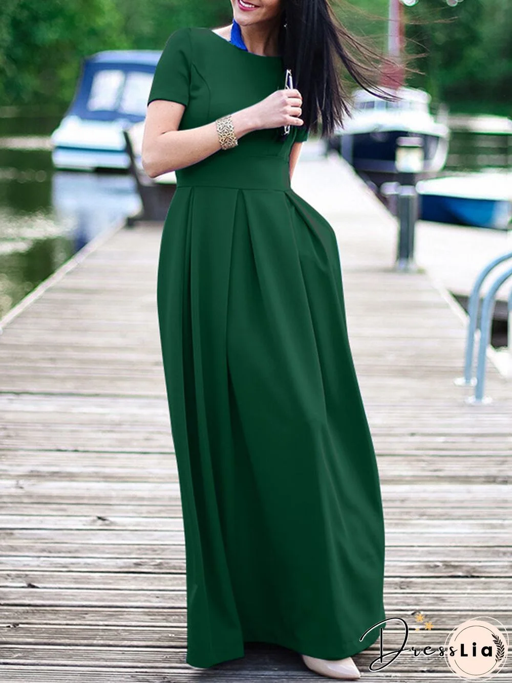 Solid Short Sleeve Pocket Crew Neck Maxi Dress