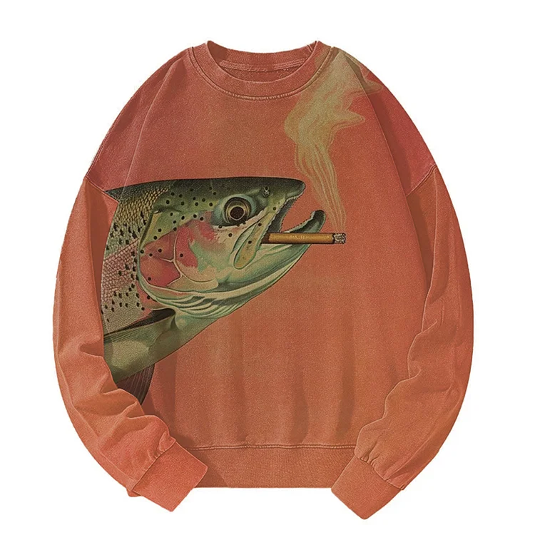 trout smoking a cigarette Tokyover Trout Smoking A Cigarette Vintage Washed Unisex Sweatshirt