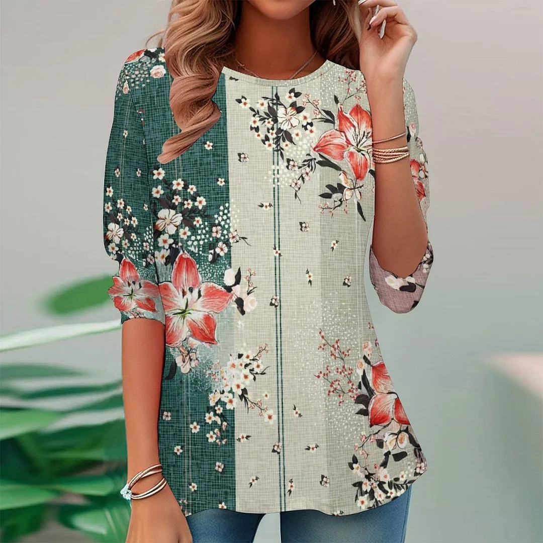 Vintage Printed Long Sleeve Plus Size Tunic for  Women and Men Unisex Pattern Floral,Pink,Green,Stitch