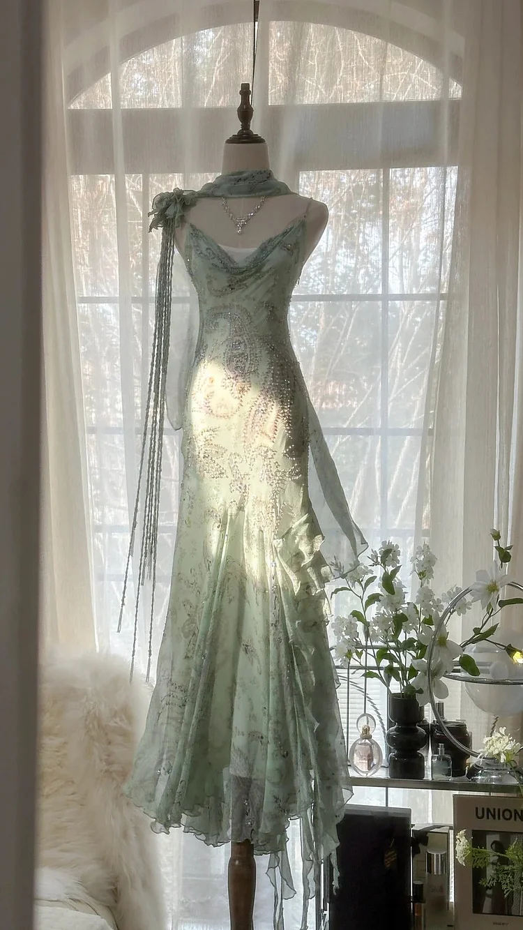 Mint Green Gorgeous Exquisite Beaded Long Chiffon Fairy Ball Gown Evening Dress Wedding Party Dress Prom Dress Graduation Date Dress