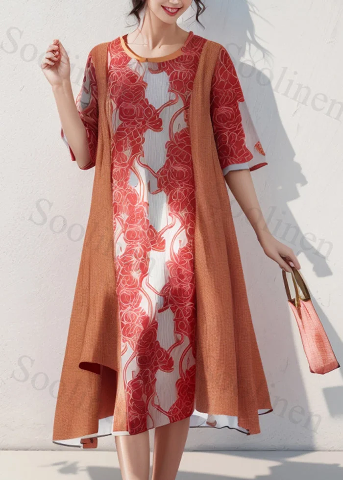 Casual Orange Oversized Patchwork Print Cotton Dress Summer
