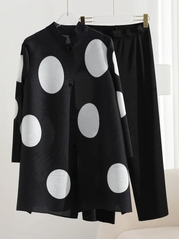 Long Sleeves Loose Pleated Polka Dot Stand Collar Two Pieces Set