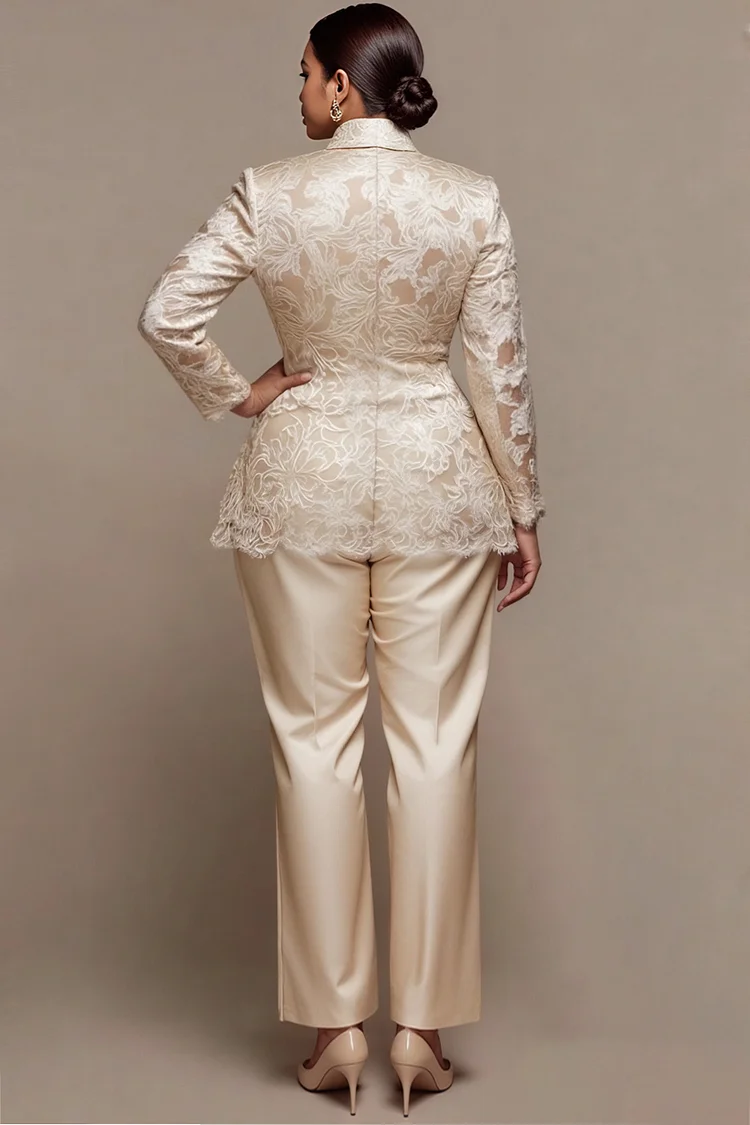 Xpluswear Design Plus Size Formal Champagne Lapel Collar Long Sleeve Contrast Elegant See Through Lace Satin Two Piece Pant Suits [Pre-Order]