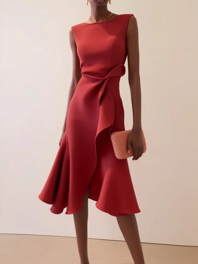 Sleeveless Red Elegant Dress Round Neck