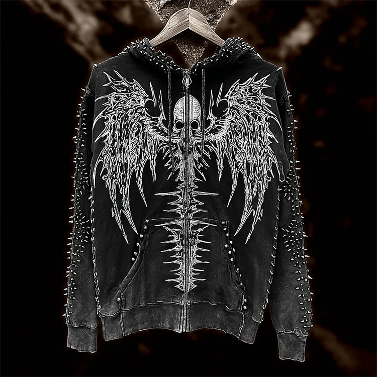 Men's Skull & Skeleton Wings Rock Studded Washed Full Zip Hoodie