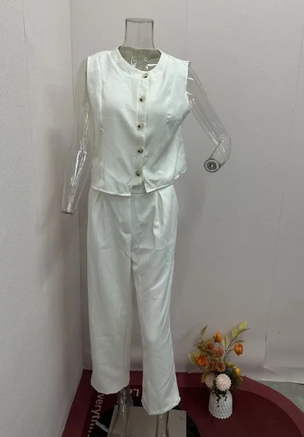 Ueong Ueong New 2024 Summer Sleeveless Vest Jacket High Waist Straight Leg Pants Solid Color Two-Piece Set