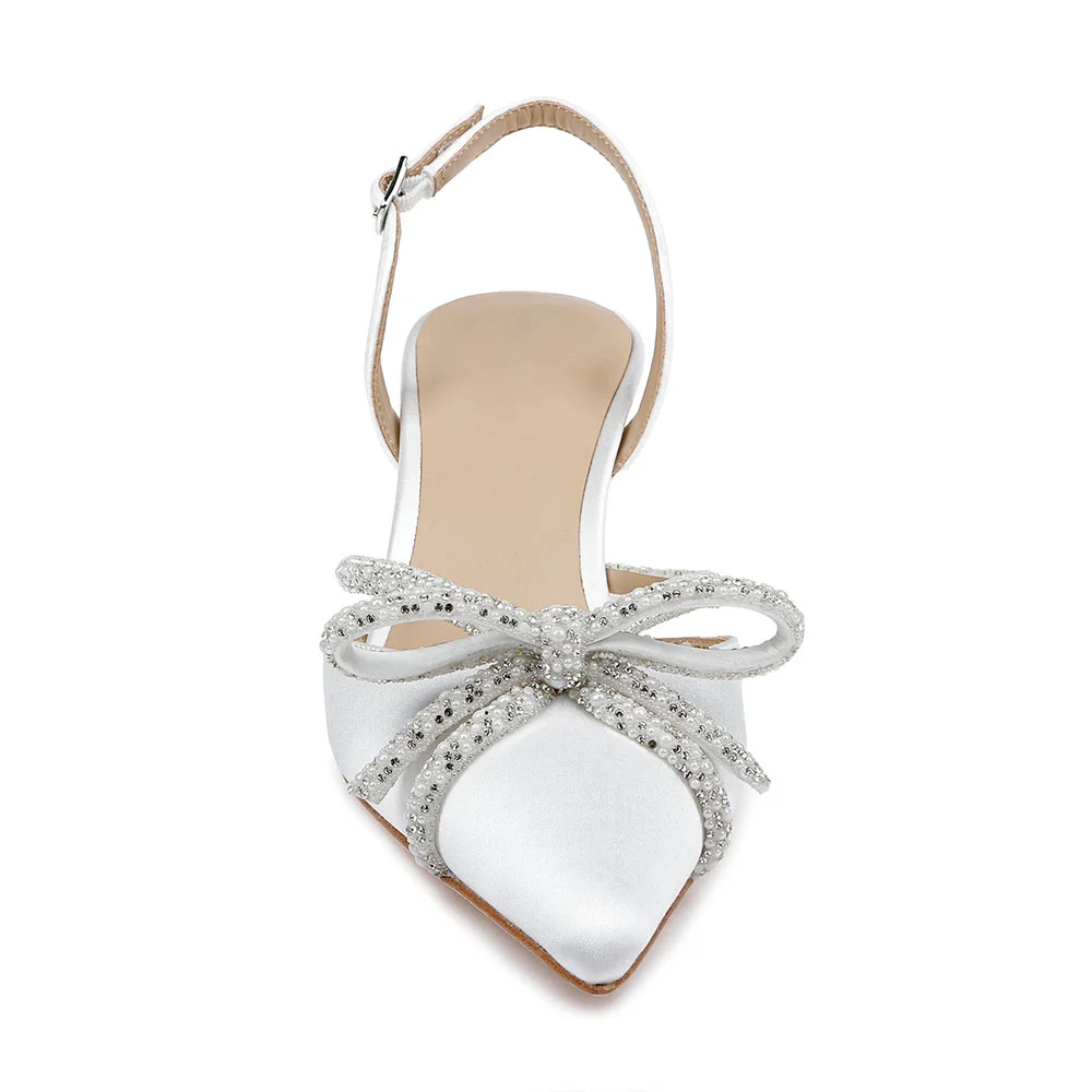 White Satin Rhinestone Pearl Bow Slingback Kitten Heel Wedding Shoes