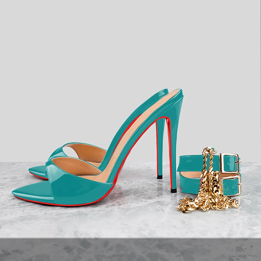 120mm/4.72 Inch Women's Sandals Removable Chain Ankle Strap Pointed Toe Mules Heels Red Bottom Heels