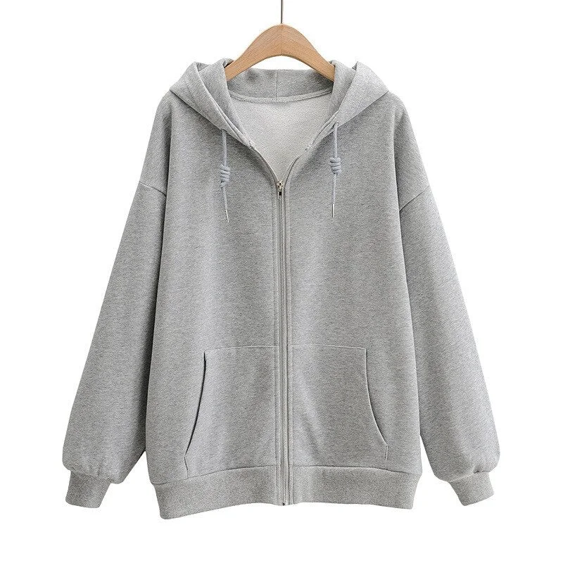 2021 Y2K Women Loose Simple Style Plush Hoodie Vintage Solid Color Zip Long Sleeve Jacket Hip-Hop Autumn Winter Sweatshirt Coat
