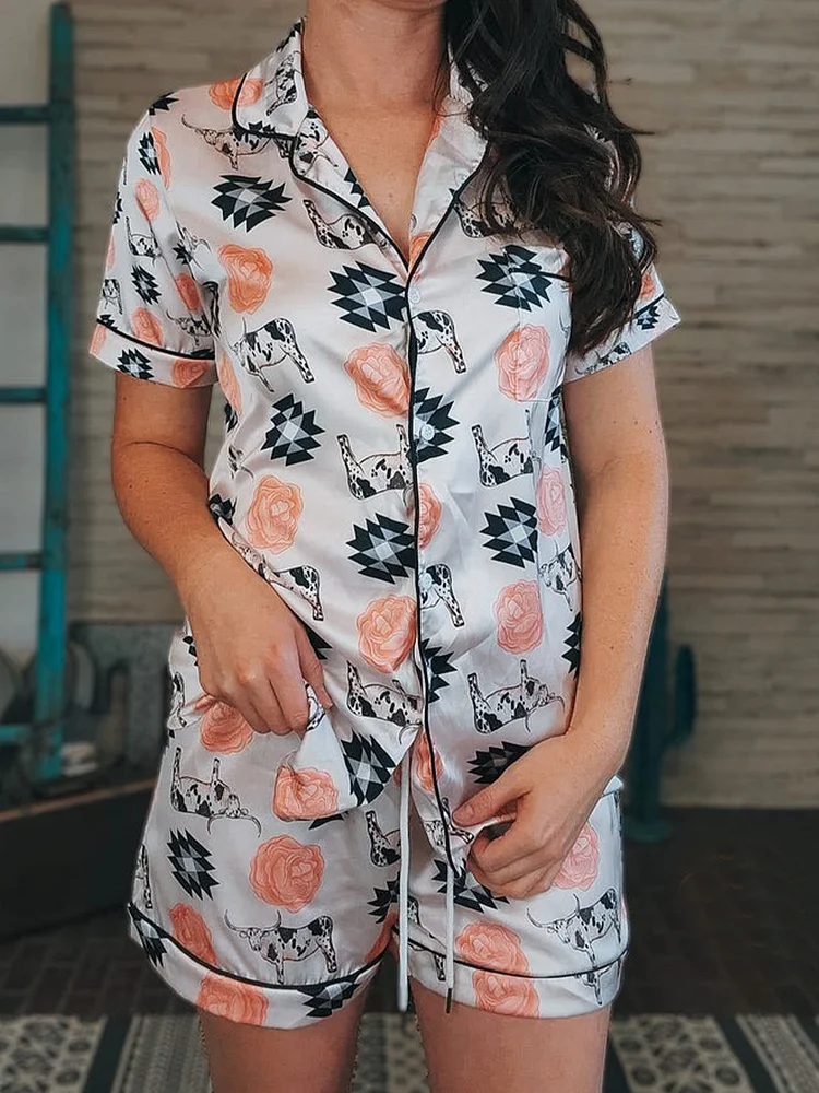 Western Casual Cow&Rose&Aztec Print Silk Short Sleeves Pajama Set