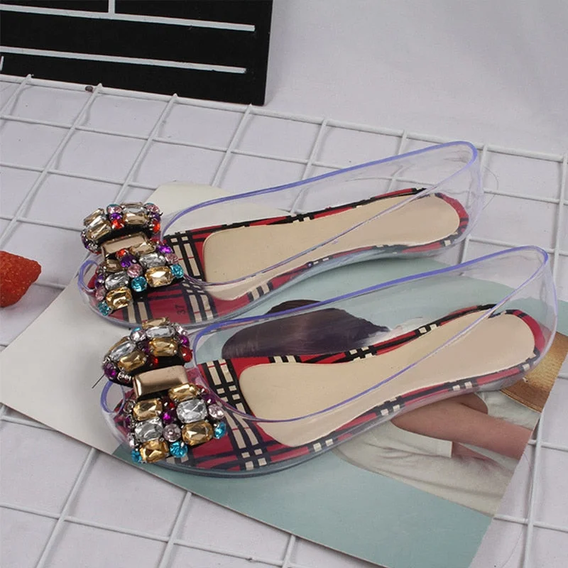 PVC Sandals Ladies Crystal Butterfly Knot Shoes Female Rivet Fashion Woman Casual Sandal 2021 Transparent Summer Cover Heel Shoe