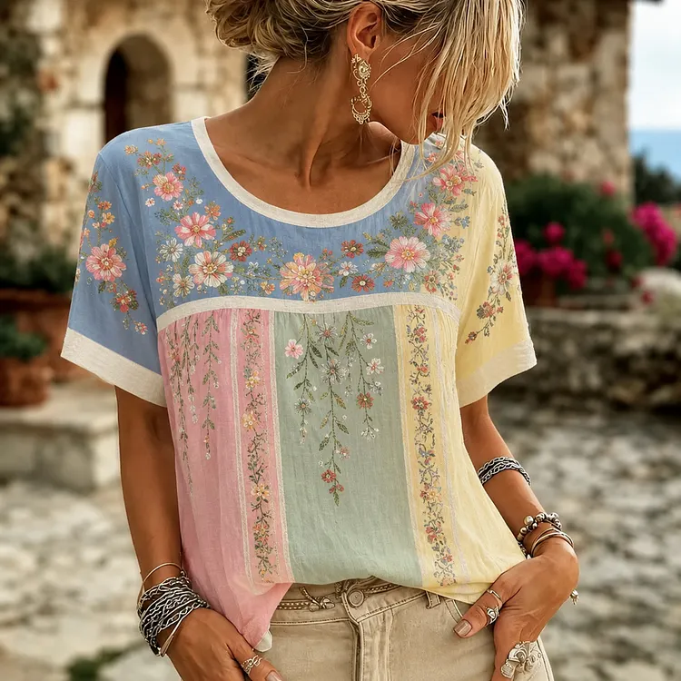 Women's Vintage Floral Vine 3d Art Embroidery Patchwork Cotton Linen Distressed Crew Neck Short Sleeve Top