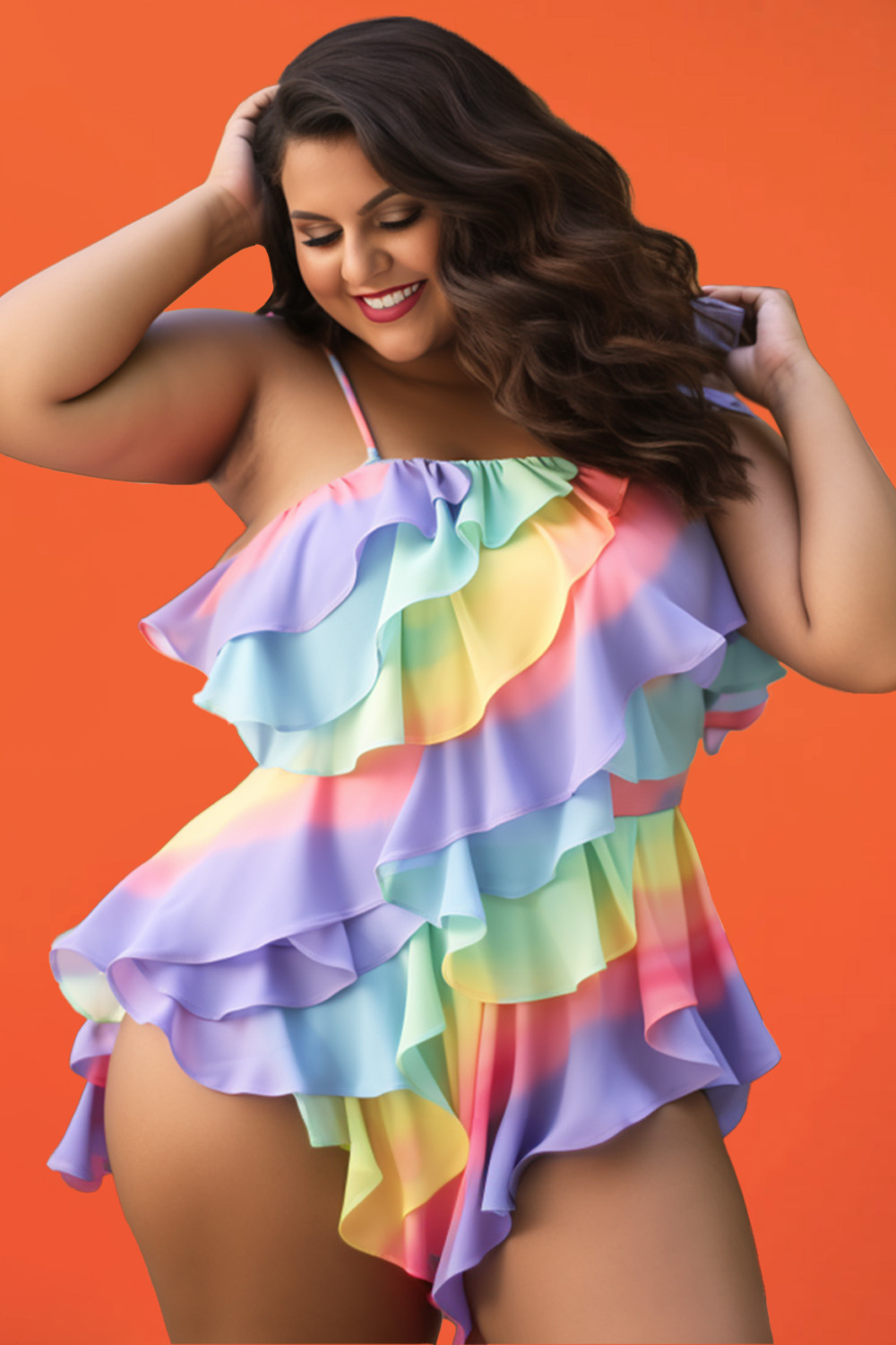 Design Plus Size Beach Rainbow Gradient Square Neck Flounce Ruffle One Piece Swimwear [Pre-Order]