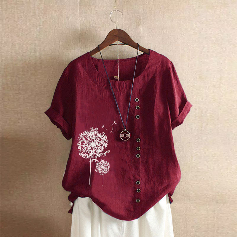 Wicketwarriorss Leisure Dandelion Print Blouse Lady Summer Retro Casual Loose Short Sleeved Pullover Cotton Linen Shirt For Women's Clothing