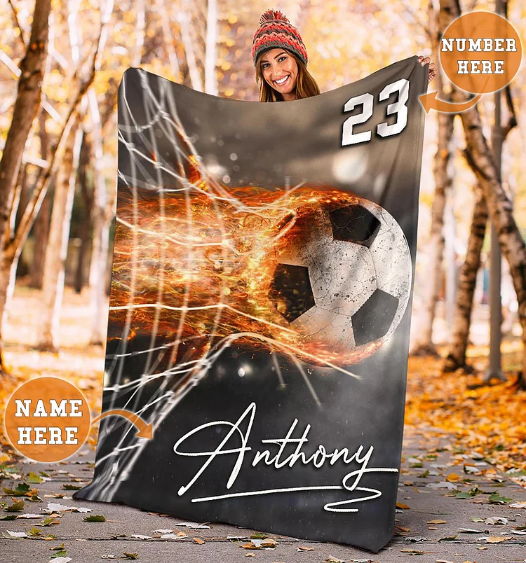 Personalized Soccer Blanket, Soccer Goals Explode Fire Sherpa Fleece Blanket | BKKid532