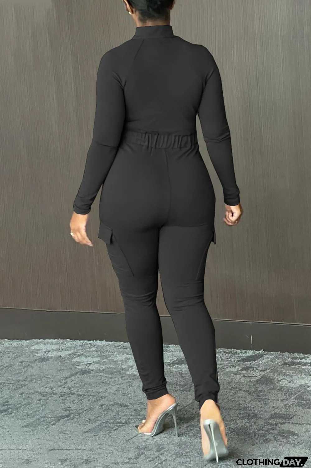 Tangerine Red Casual Solid Split Joint Draw String Pocket Zipper Collar Regular Jumpsuits