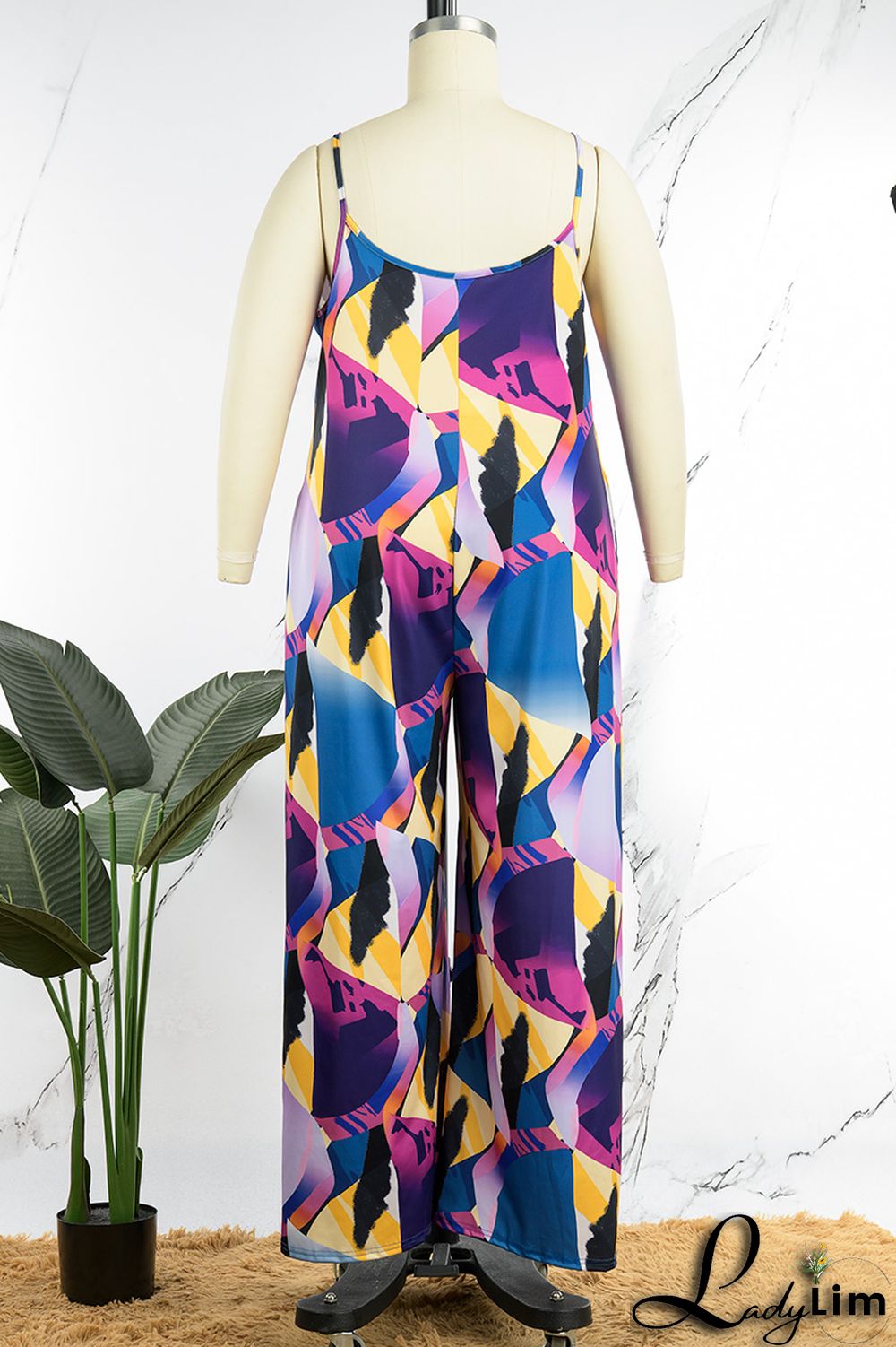 Black White Casual Street Print Spaghetti Strap Loose Jumpsuits