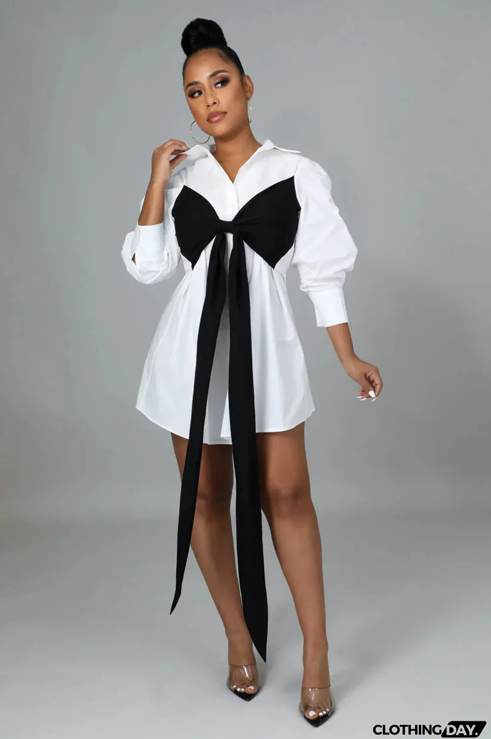 Contrast Colot Bow-Tie Long Sleeve Shirt Dress