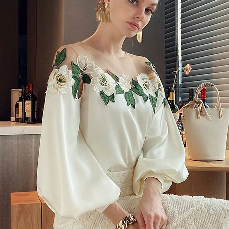 Huiketi Embroidered Satin Blouse Women Elegant Mesh Patchwork Shirt O-neck Tops High Quality Lantern Sleeve Slik Blouses 24976