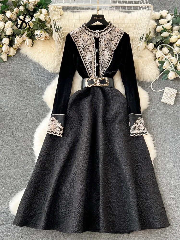 Huibahe French Retro Dress Fashion High Quality Embroidery Velvet Long Sleeves Women Elegant Belt Design A Line Court Dress
