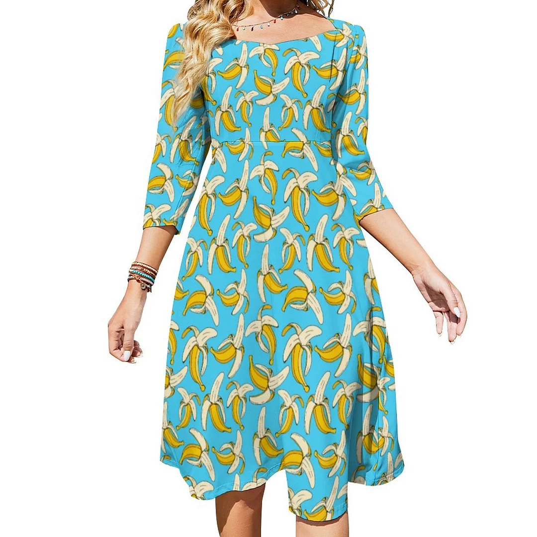 Funky Tropical Banana Print Trendy Fruit Patterned Dress Sweetheart Tie Back Flared 3/4 Sleeve Midi Dresses