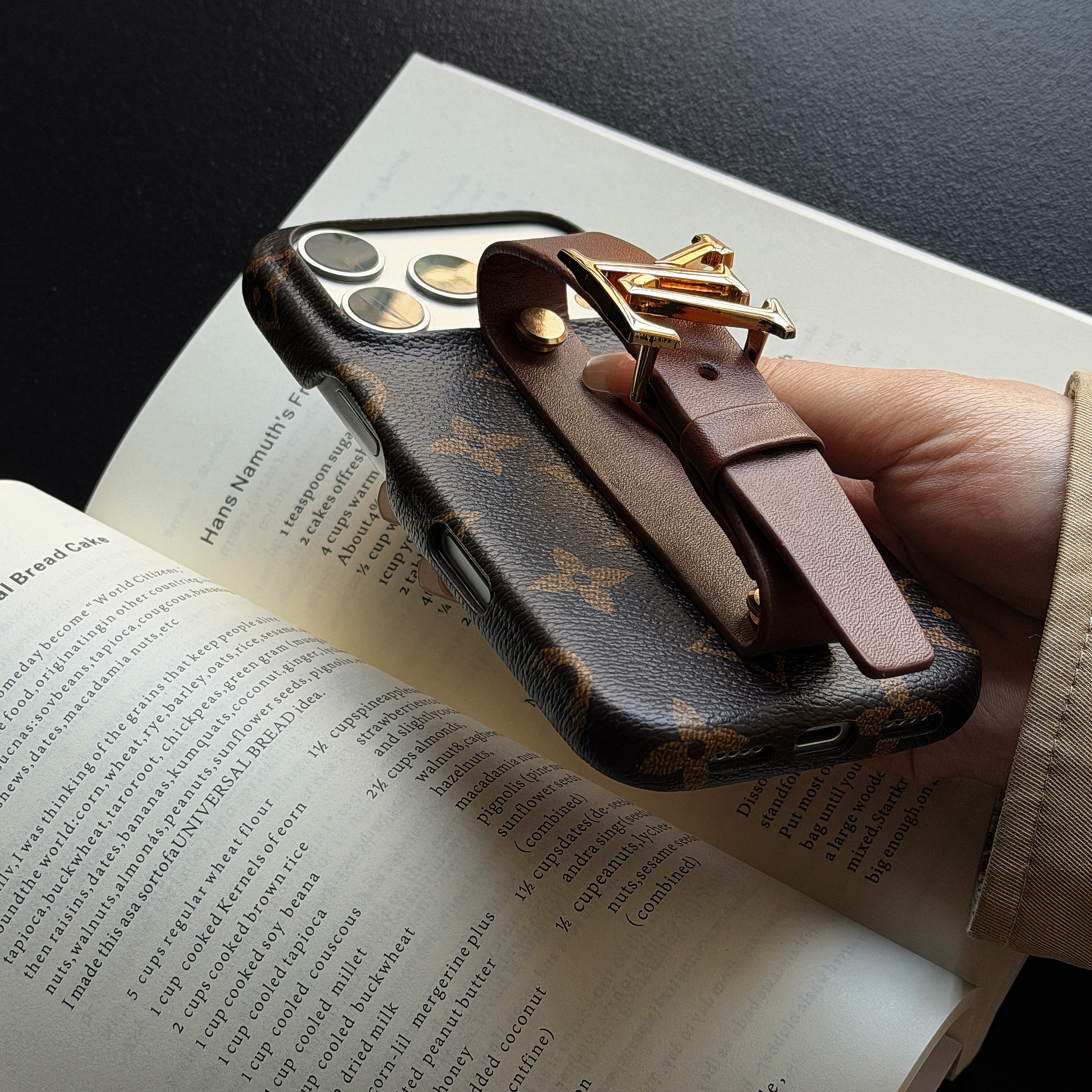 Louis Vuitton Gucci Vintage Monogram Leather Wrist Strap Phone Case | Designer Metal Logo Grip Cover