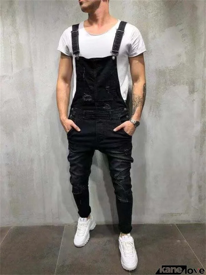 Men's Casual Ripped Denim Overalls Jumpsuit Dungarees Bib