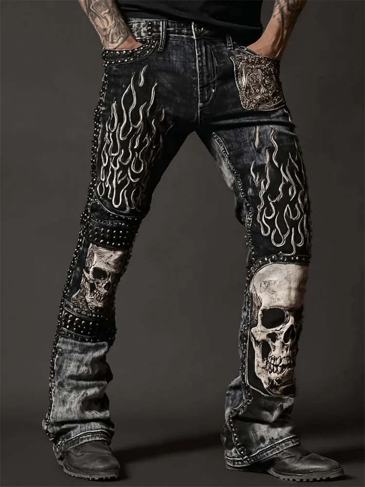 Men's Skulls On Flame Rock Style Studded Washed Jeans