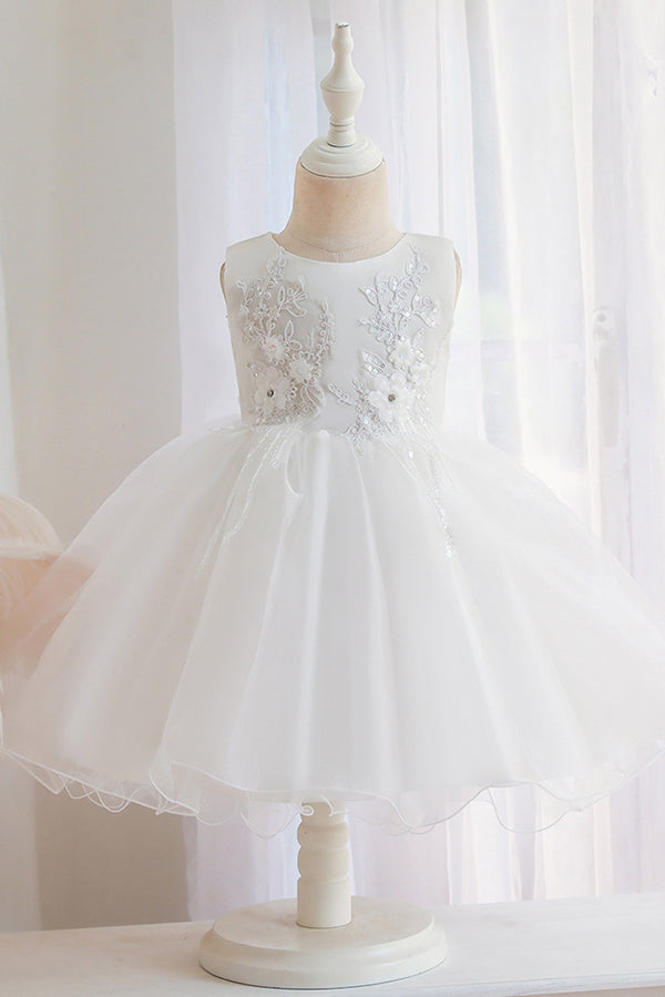 Oknass Appliques Sleeveless Scoop Flower Girl Dress Tulle Ball Gown Wedding