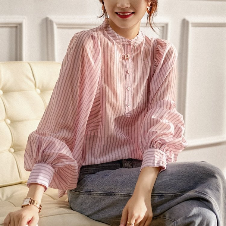 Pink Shift Long Sleeve Striped Shirts & Tops