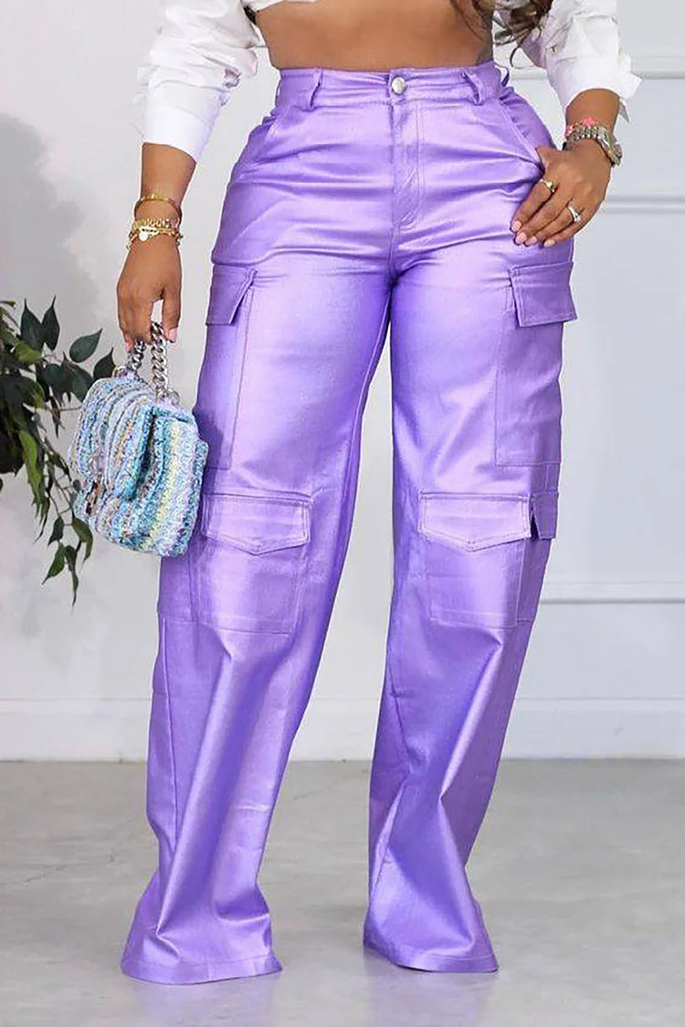 Plus Size Purple Casual PU Leather High Waist With Pocket Cargo Pant 