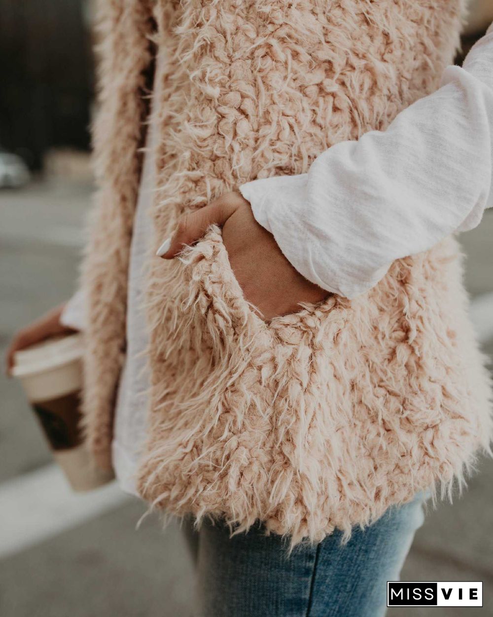 Fluffy Knitted Faux Wool Fur Sherpa Vest Womens