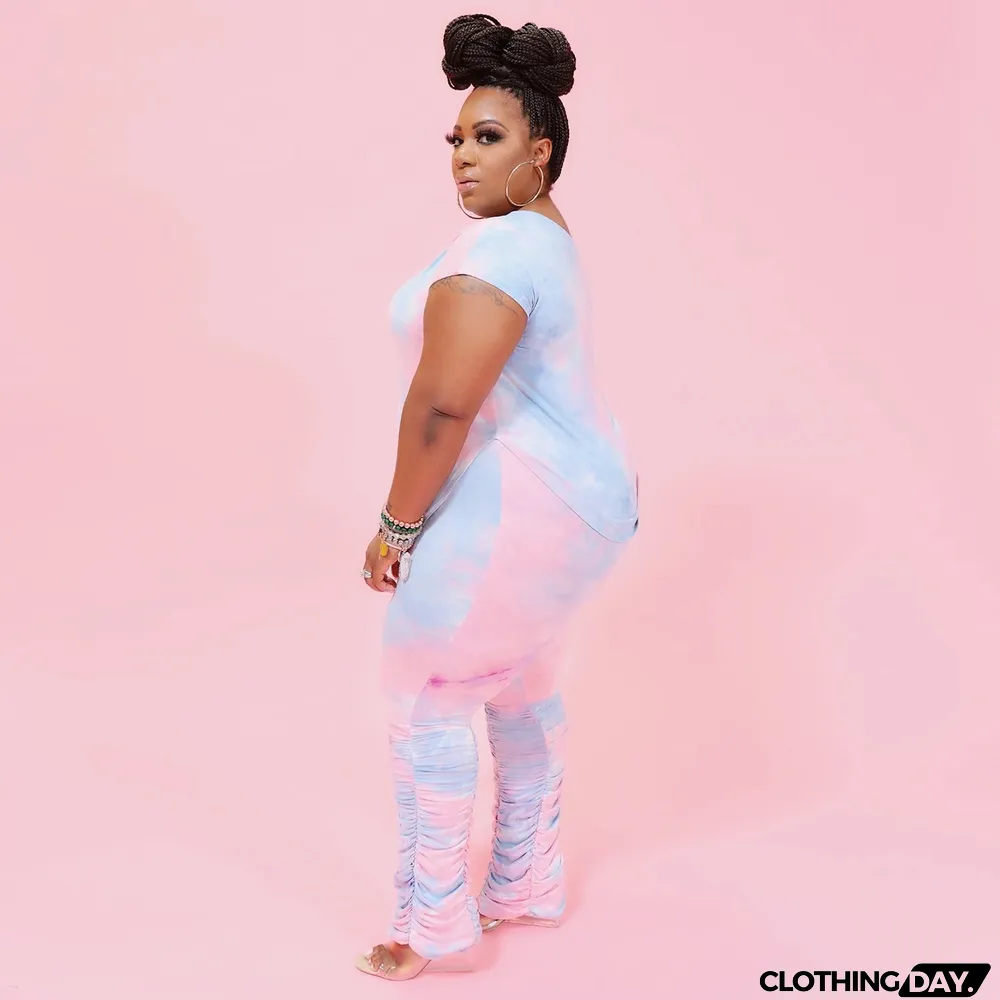 Plus Size Two Piece Tie Dye Short Sleeve Pants Set