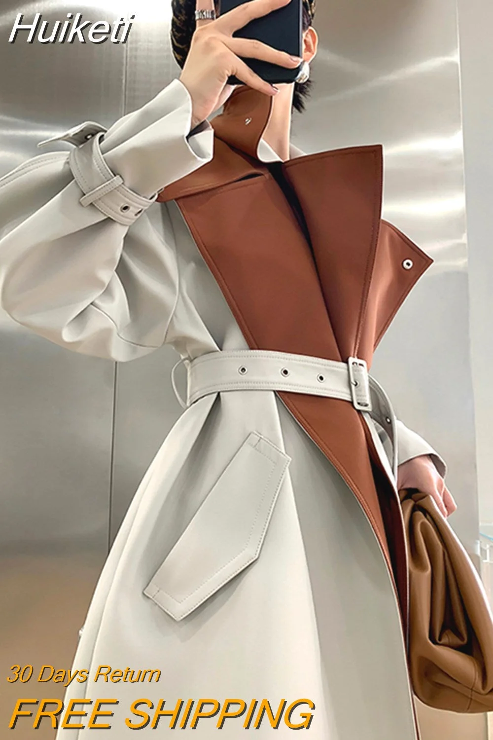 Huiketi Spring Autumn Patchwork Trench Coat for Women Belt Runway European Fashion Cool Stylish Luxury Designer Clothes 2023