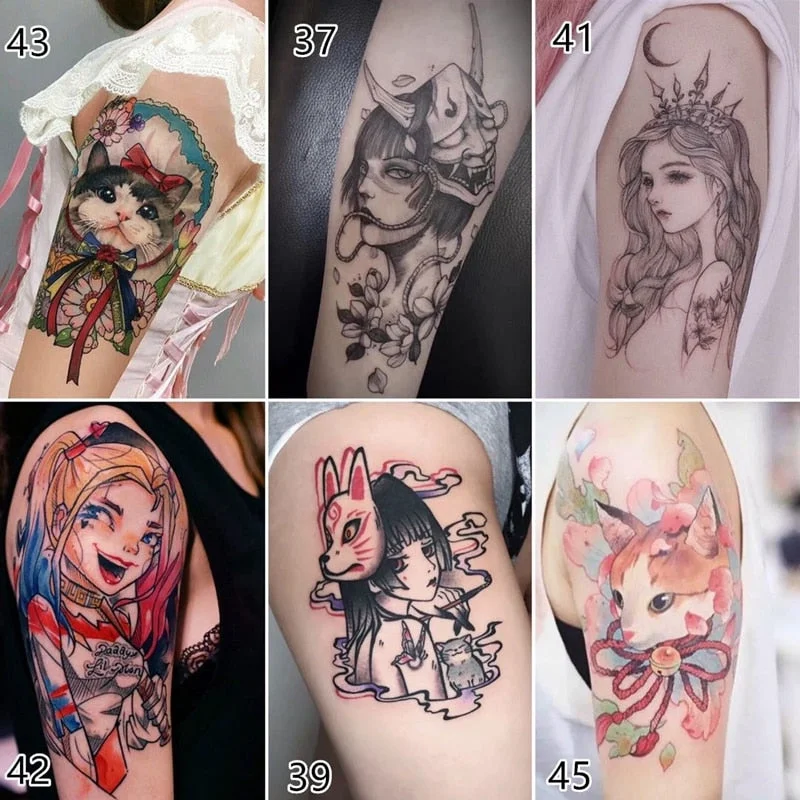 New 6pc/Lot Japanese Cartoon Beautiful Girl Temporary Tattoo Stickers Female Waterproof Cool Fake Tattoo Art Arm Tattoo Stickers