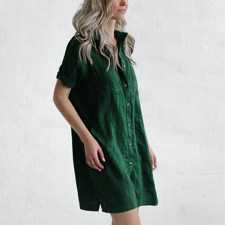 Casual lapel pocket solid color loose cotton and linen dress-Mayoulove