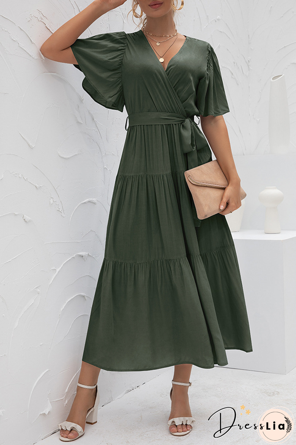 Elegant Solid Split Joint With Belt V Neck Cake Skirt Dresses(4 Colors)