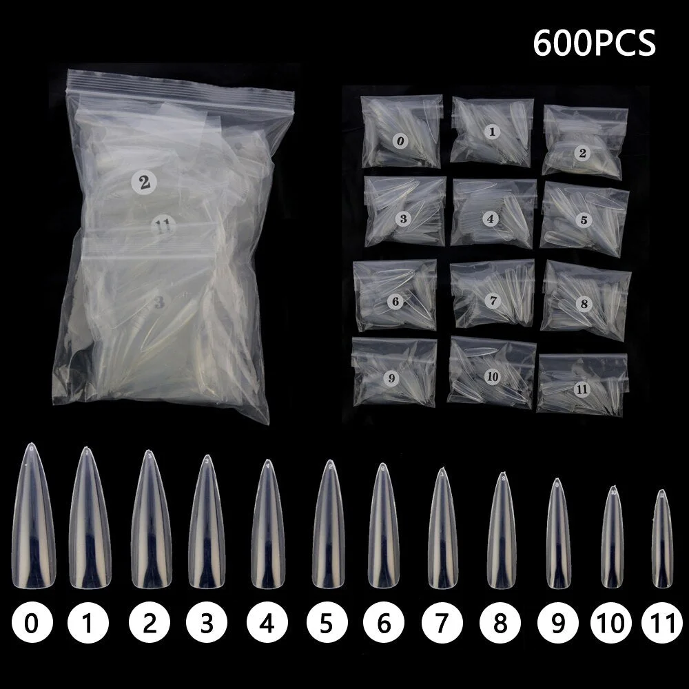 600Pcs Full Cover Fingernails Manicure False Nails Extension Tool 12 Size Clear/Natural Artificial Long Stiletto Nail Tips