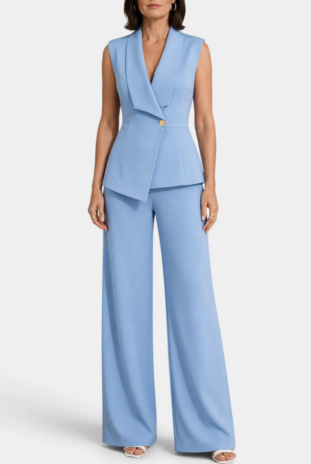 Sleeveless Shawl-Collar Jacket with Wide-Leg Pants Set