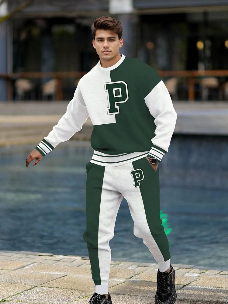 Men's Simple Colorblock Round Neck Casual Sports Set 0135