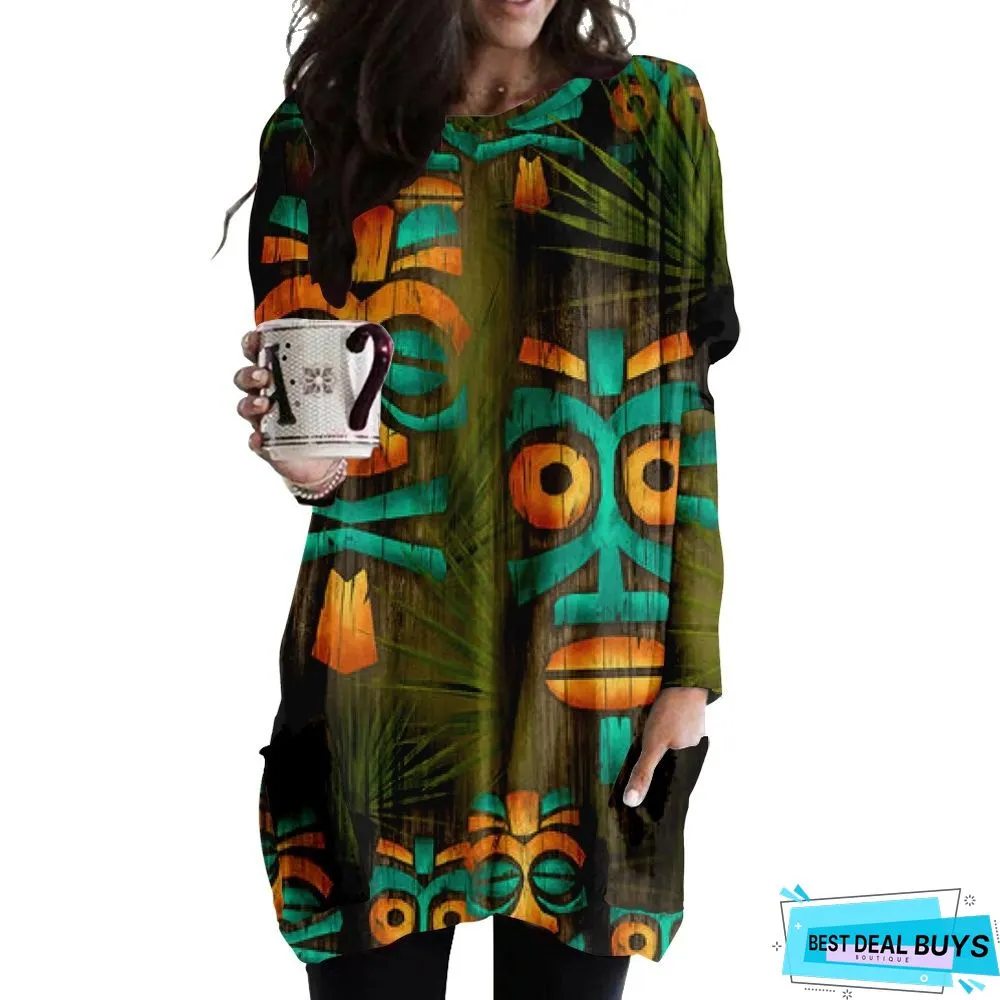 Round Neck Casual Fashion Medium Length Loose Dress 3D Printing