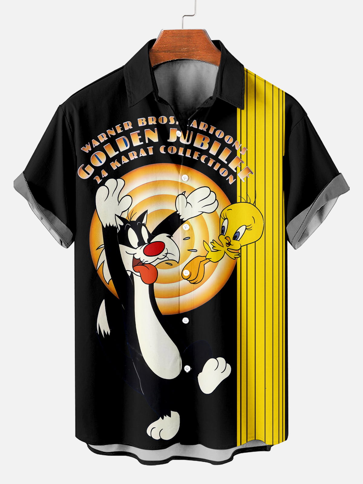 Retro Yellow Striped Cat Pattern Cartoon Short Sleeve Shirt PLUSCLOTHESMAN