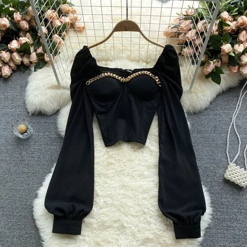 Toloer Women Black/White Sexy Blouse Female Elegant Square Collar Chain Decord Puff Long Sleeve Shirt Club Party Blusas 2021 New
