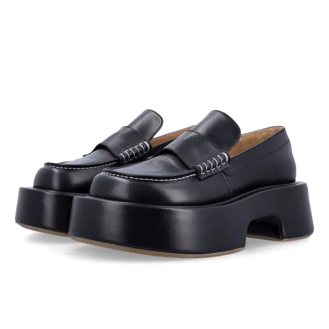 Black Vegan Leather Slip-On Chunky Loafers with Round Toe