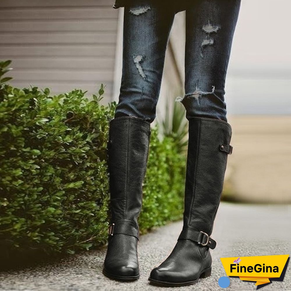 New Fashion Women Shoes Plus Size 34-43 Bottes Femmes Botas Mujer Kvinnoskor Cowgirls Military Combat Buckle Knee High Boots Genuine Leather Low Heel Women Knight Boots