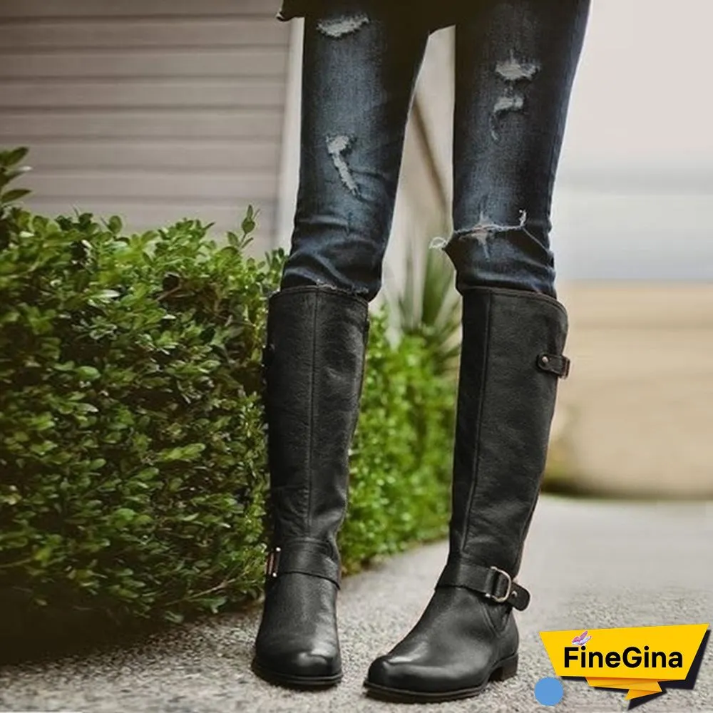 New Fashion Women Shoes Plus Size 34-43 Bottes Femmes Botas Mujer Kvinnoskor Cowgirls Military Combat Buckle Knee High Boots Genuine Leather Low Heel Women Knight Boots