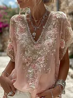 Women's Floral Embroidered Art V-neck Short Sleeve Linen Blend T-shirt