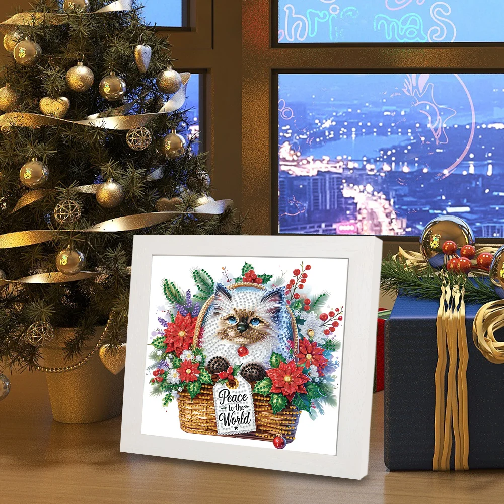 5D DIY Partial Special Shaped Drill Diamond Painting Xmas Siamese Cat 22.8x22.8cm【With Frame】