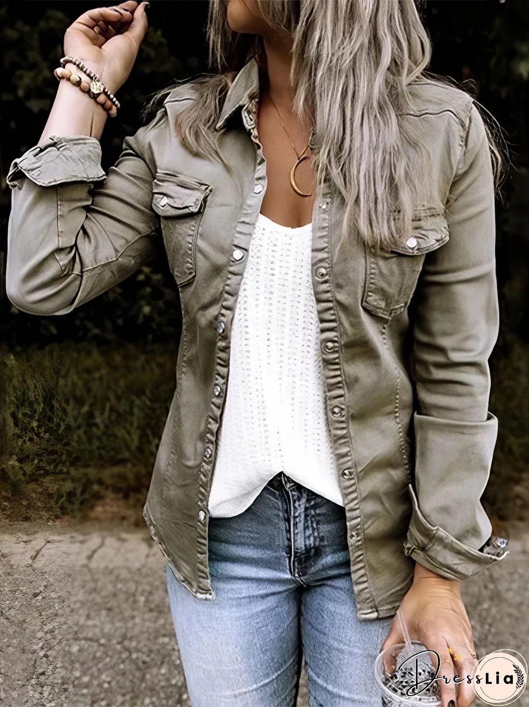 Pocket Button Long Sleeve Denim Shirt Jacket