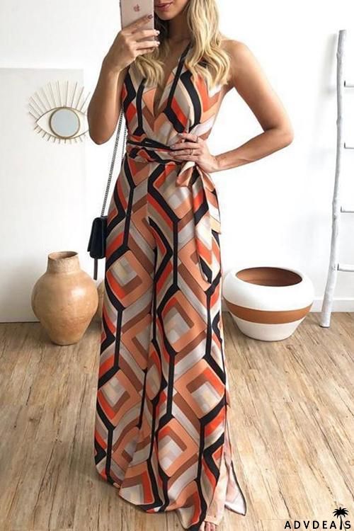 Geometry Bleted V Neck Sleeveless Jumpsuit